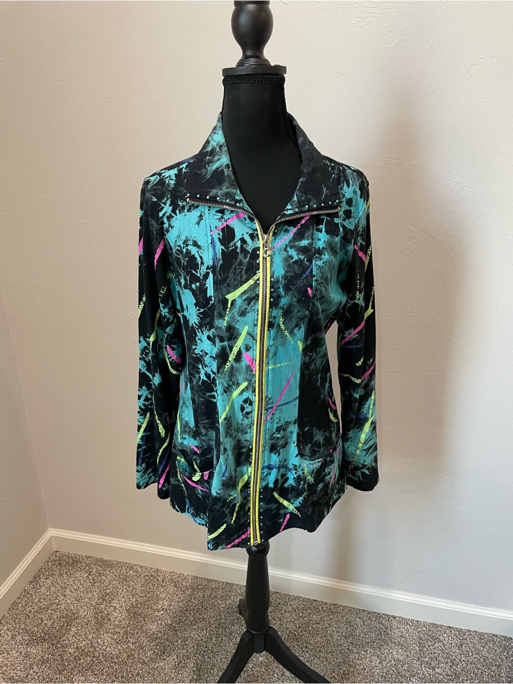 Berek Tie Dye Pant Splatter Zip -Front Utility Jacket Teal, Black & Neon Accents